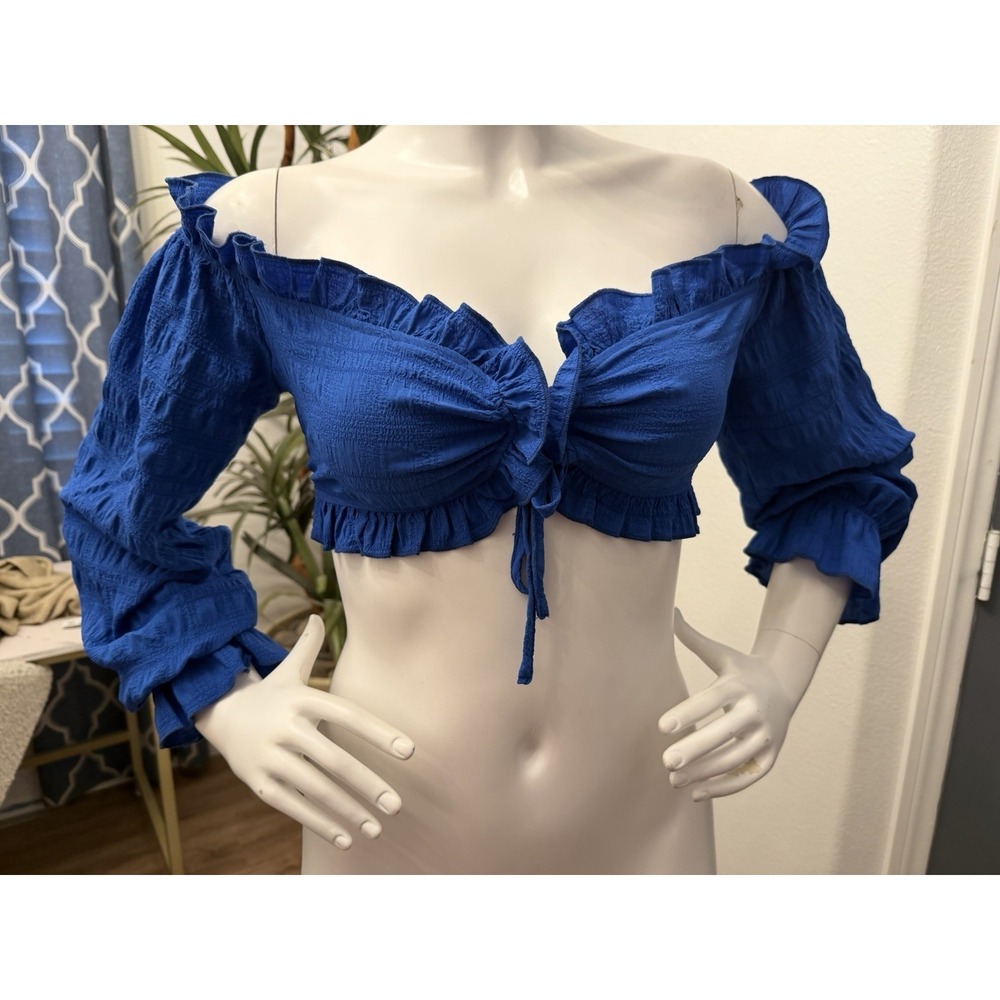 Shein Crop Top Sz M/6 Blue Puff‎ Sleeve Ruched Festival Club Coquette Royal Blue